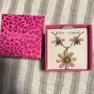 Betsey Johnson Pink Floral Necklace and Bee Earrings